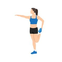 Woman doing Standing quad stretch exercise. Flat vector illustration isolated on white background © lioputra