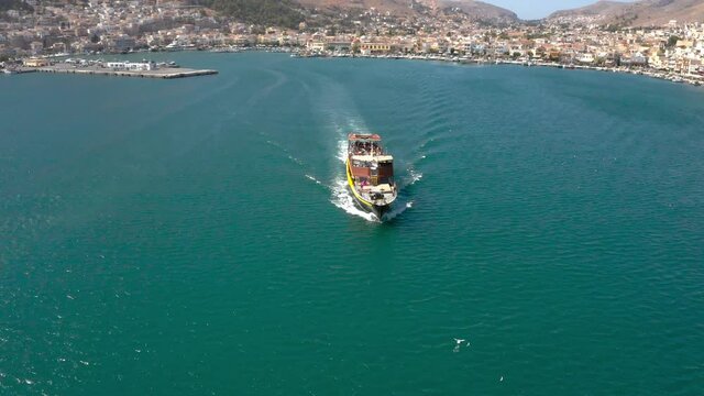 Cruise Ship Leaves Kos port, Greece, aerial
Drone view from Mediterranean, Kos, Greece, 2021
