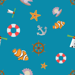 Seamless pattern with clown fish, lifebouy, wheel, anchor, starfish, lighthouse and pearl, on the blue background. Wrap paper on Marine theme.