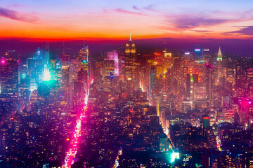 NEW YORK,USA - Aerial view of Manhattan skyline at sunset, New York City,USA