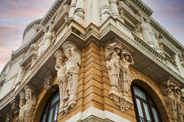 Fototapeta na wymiar View of the figurative sculptures on the Teatro Arriaga, Bilbao, Spain