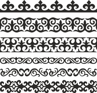 Vector set of Kazakh national ornaments. Borders and frames for sandblasting. Details and elements for design and postcards