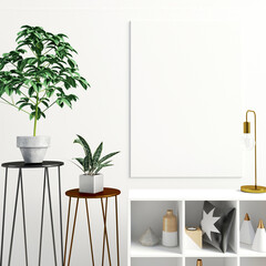 Modern interior with rack and plant.Poster mock up. 3d illustration