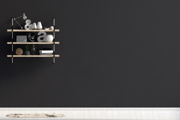 Modern interior design in Scandinavian style with shelf. Mock up wall. 3D illustration.