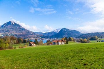 Naklejka premium Fuschl town and Lake Fuschlsee are located in the Salzkammergut, Austria. It's romantic small towns in Europe.