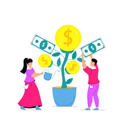 Increase in profits. Investment. Income growth. Businessman is picking cash from money tree. Businesswoman is watering plant with gold dollar coins.
