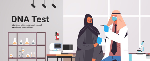 doctor holding buccal cotton swab ready to collect DNA from woman patient in lab DNA testing genetic engineering