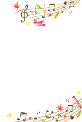 音符と落ち葉の秋の背景　縦　手描き色鉛筆画