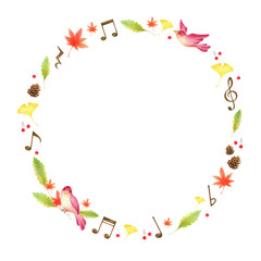 音符と落ち葉の秋のリース　手描き色鉛筆画