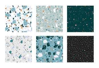 Terrazzo pattern. Seamless Italian concrete textures with granite stone pieces. Abstract marble rock tiles set. Decorative mosaic with colorful particles. Vector interior blue flooring