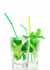 Two mojito cocktails, isolated on white background.