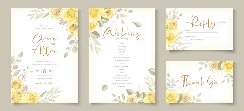 Wedding invitation card with beautiful yellow rose flower design