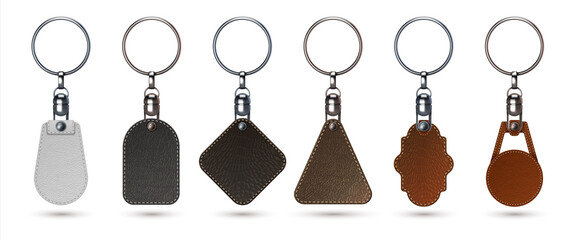 Key holder. Realistic keychain ring with faux calf leather tags. Isolated 3D premium fobs mockup. Steel breloques and labels from natural materials. Vector keyrings set for branding - obrazy, fototapety, plakaty
