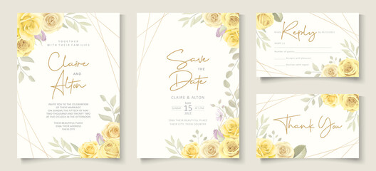 Wedding invitation card with beautiful yellow rose flower design - obrazy, fototapety, plakaty