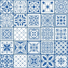 Portugal tile. Spanish square floor and wall covers. Blue and white ornamental arabesque pattern. Geometric patchwork flooring samples set. Vector abstract traditional mosaic texture - obrazy, fototapety, plakaty
