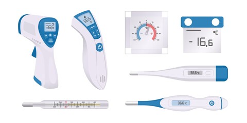 Thermometer. Cartoon medical temperature measurement. Mercury and electronic tools. Body contactless measuring devices. Modern equipment set for diagnostic patients. Vector medicine