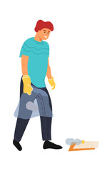 Man is engaged in recycling garbage. Boy collects rubbish. Volunteer walks with trash bag. Person cleans area from waste. People save environment or ecology. Vector nature protection