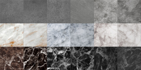 Concrete tiles. Realistic stone floor and wall cement pattern. Marble flooring. Dark and light granite structure. Square natural covers samples set. Vector decorative interior surface - obrazy, fototapety, plakaty