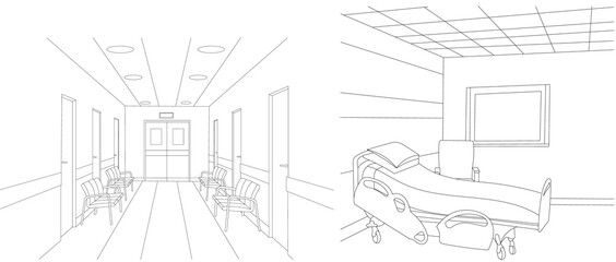 hospital ward sketch interior isolated, vector