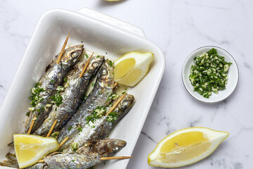 Homemade Grilled Sardines with Garlic, Olive Oil, Fresh Parsley, and Lemon