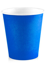 close up blue paper cup isolated on white background