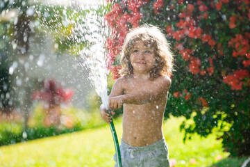 Kid having fun in domestic garden. Child hold watering garden hose. Active outdoors games for kids in the backyard during harvest time.