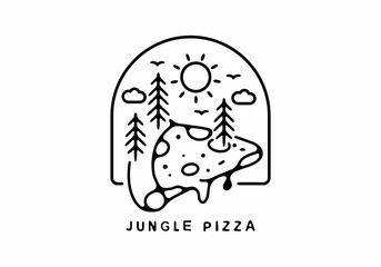 Black line art illustration of jungle pizza