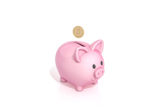 Pink piggy bank with falling dollar gold coin on white background for business and financial concept 3d rendering. 3d illustration concept of save money or open a bank deposit.