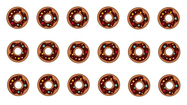 Animation Pattern Colorfulred Donuts. Donut With Icing Sprinkled With Grains. Design For Your Ad, Holiday Designs, Party, Birthday, Invitation. 4K Video Graphic Animation