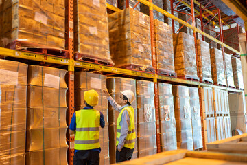 workers team meeting and training working at warehouse.Manager asian man in safety with white hardhat standing with check order.Male asia engineer at large Warehouse  works with goods