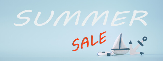 Summer banner for your shop beach accessories on the blue background