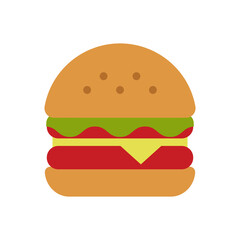 Burger Vector Icon in Flat Style. Hamburger is a sandwich consisting of one or more cooked patties of ground meat, usually beef, placed inside a sliced bread roll or bun. Vector illustration icon.