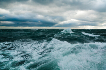 Ocean storm. Storm waves in the open ocean. Not a calm open sea.