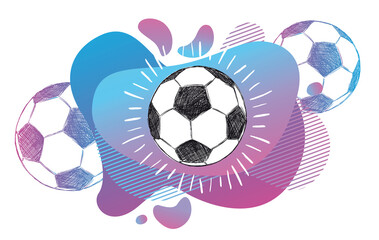 Hand drawn football, soccer ball sketch. Fluid abstract background. Banners with flowing liquid shapes. Vector	