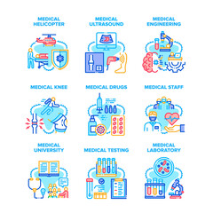 Medical Engineering Set Icons Vector Illustrations. Medical Helicopter For Transportation Patient And Staff, Laboratory Research And Testing, Ultrasound Knee And University Study Color Illustrations