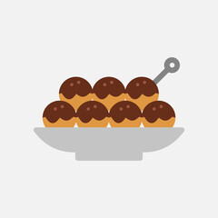 Takoyaki Vector Icon in Flat Style. Takoyaki or octopus balls is a ball-shaped Japanese snack. Vector illustration icon can be used for an app, website, or part of a logo.