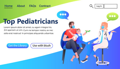 father with child visiting female family doctor healthcare medical consultation top prdiatricians concept