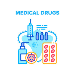 Medical Drugs Health Healing Vector Icon Concept. Medical Drugs Package, Ampoule With Medicaments For Syringe Injection And Sanitizer Bottle Health Protection And Disease Treatment Color Illustration