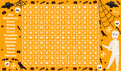 Colourful halloween riddle for kids, word search game with mummy character and bats, spooky worksheet for children books, educational activity on orange background in cartoon style