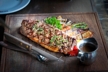 Beef Steak. Medium rare sliced grilled striploin beef steak