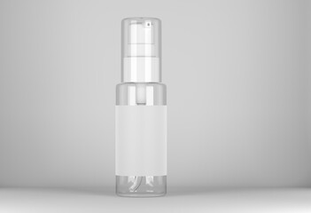 Medical or cosmetic spray mockup. Empty spray bottle mockup. Transparent spray bottle with label. 3d render.