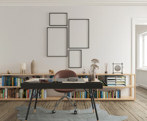 modern contemporary study are with mockup poster. 3D Rendering