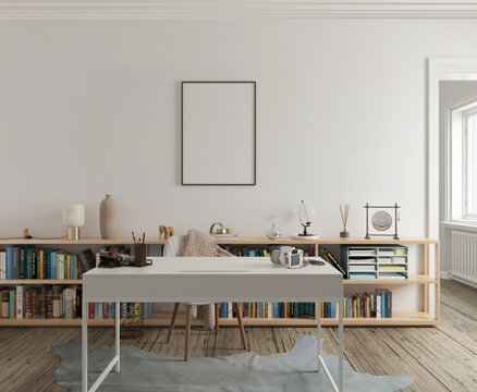 White Modern Study Room With Mockup Poster. 3D Rendering