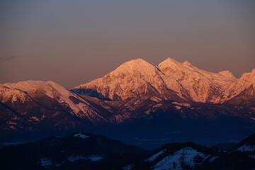 Kamnik-Savinja alps in Slovenia in red sunset