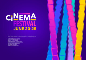 Horizontal bright cinema festival template with color films, blue background and text. Vector illustration.