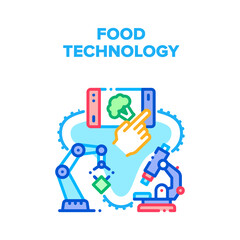 Food Technology Vector Icon Concept. Food Technology Production And Researching Quality With Laboratory Microscope. Factory Robotic Arm On Conveyor, Choosing Nutrition On Smartphone Color Illustration