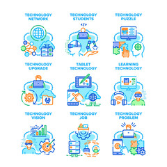 Technology Upgrade Set Icons Vector Illustrations. Student Learning Technology And Network Problem Solve, Vision And Job, Tablet Device And Puzzle Game. Development And Testing Color Illustrations