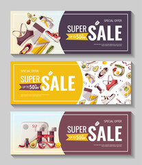 Set of promo banners for Healthy lifestyle, natural food, motivation, sport equipment, fitness training, sportswear, workout. Vector illustration for poster, banner, flyer, special offer, advertising.