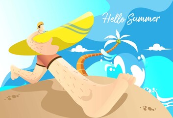 Illustration of hello summer with people want to surf