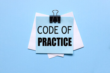 code of practice. stickers are clamped. on a blue background. black lettering text on blue sticker